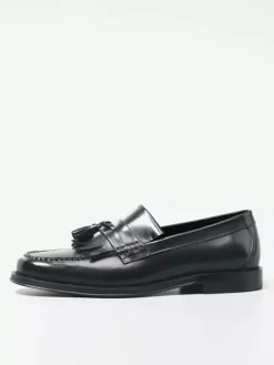 Black Penny Loafers For Men Round Toe Slip On Loafers With Tassels