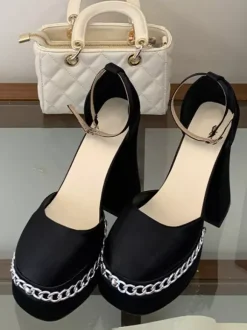 Black Platform Pumps Chunky Heel Square Toe Chain Detail High Heel Party Shoes