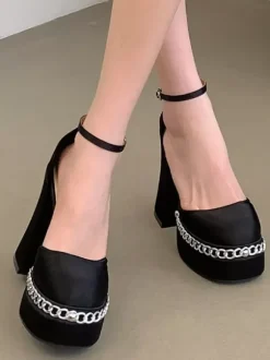 Black Platform Pumps Chunky Heel Square Toe Chain Detail High Heel Party Shoes
