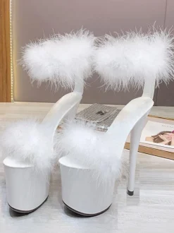 Black Pleaser Boots Sexy High Heel Platfrom Faux Feather Detail Pole Dance Shoes