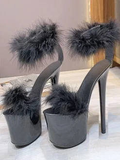 Black Pleaser Boots Sexy High Heel Platfrom Faux Feather Detail Pole Dance Shoes