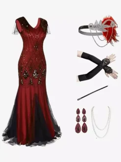 Black Red Retro Costumes Sequins Polyester Accessory Women's Retro Marie Antoinette Costume Set Party Prom Dress Burgundy
