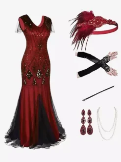 Black Red Retro Costumes Sequins Polyester Accessory Women's Retro Marie Antoinette Costume Set Party Prom Dress Burgundy