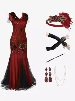 Black Red Retro Costumes Sequins Polyester Accessory Women's Retro Marie Antoinette Costume Set Party Prom Dress Burgundy