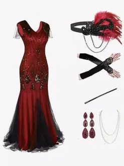Black Red Retro Costumes Sequins Polyester Accessory Women's Retro Marie Antoinette Costume Set Party Prom Dress Burgundy