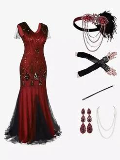 Black Red Retro Costumes Sequins Polyester Accessory Women's Retro Marie Antoinette Costume Set Party Prom Dress Burgundy