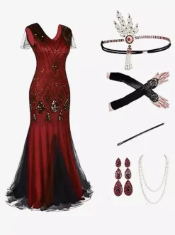 Black Red Retro Costumes Sequins Polyester Accessory Women's Retro Marie Antoinette Costume Set Party Prom Dress Burgundy
