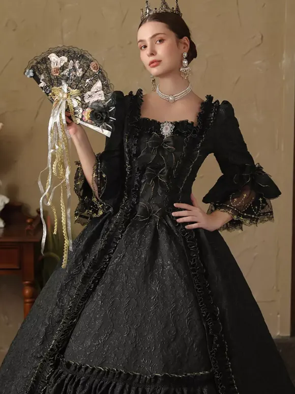 Black Retro Costumes Women's Ruffles Polyester Dress British Style Marie Antoinette Costume Vintage Clothing