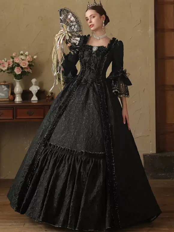 Black Retro Costumes Women's Ruffles Polyester Dress British Style Marie Antoinette Costume Vintage Clothing