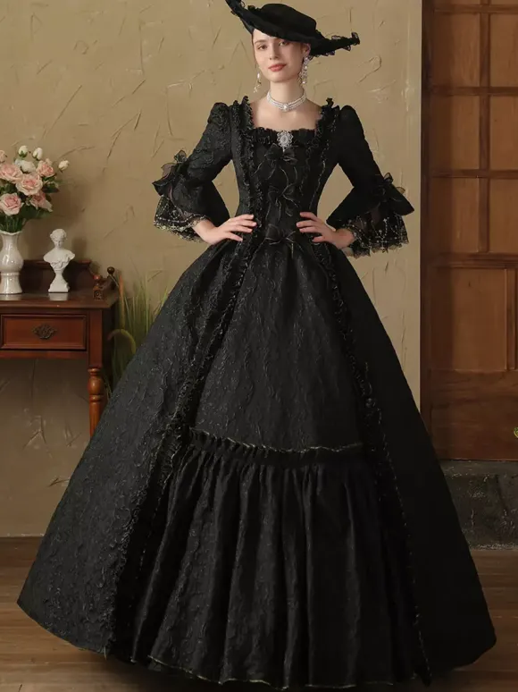 Black Retro Costumes Women's Ruffles Polyester Dress British Style Marie Antoinette Costume Vintage Clothing