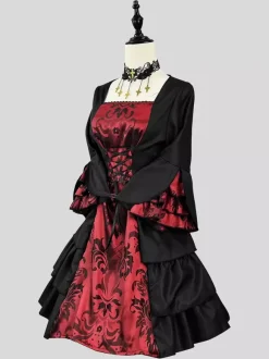 Black Retro Costumes Women's Color Block Jacquard Ruffles Lace Up Polyester Marie Antoinette Costume Set Dress Cloak Gothic