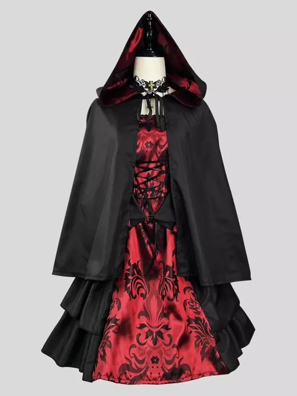 Black Retro Costumes Women's Color Block Jacquard Ruffles Lace Up Polyester Marie Antoinette Costume Set Dress Cloak Gothic