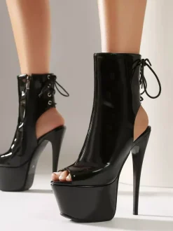 Black Sandal Booties Peep Toe Platform Lace Up Zip Up Sexy Sandal Boots