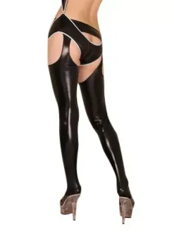 Black Sexy Crotchless Shiny Metallic Skinny Tights