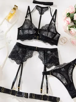 Black Sexy Lingerie Bra Pants Set Embroidery Lace Thong G-String Set