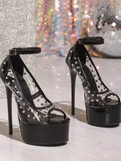 Black Sexy Pumps Women's Platform Peep Toe Rivets Ankle Strap Pumps