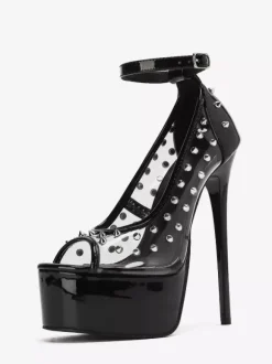 Black Sexy Pumps Women's Platform Peep Toe Rivets Ankle Strap Pumps