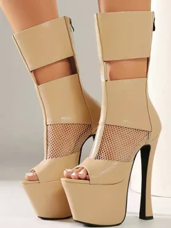 Black Sexy Sandal Boots Peep Toe Platform Mesh Patchwork Zip Up High Heel Boots