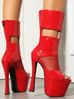 Black Sexy Sandal Boots Peep Toe Platform Mesh Patchwork Zip Up High Heel Boots
