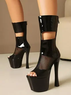 Black Sexy Sandal Boots Peep Toe Platform Mesh Patchwork Zip Up High Heel Boots
