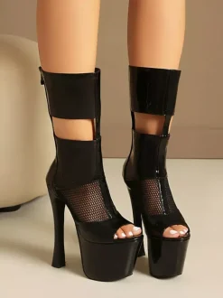 Black Sexy Sandal Boots Peep Toe Platform Mesh Patchwork Zip Up High Heel Boots