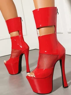 Black Sexy Sandal Boots Peep Toe Platform Mesh Patchwork Zip Up High Heel Boots
