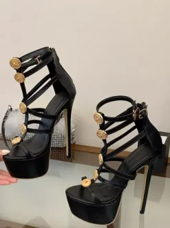 Black Sexy Sandals Platform Open Toe Metal Detail Strappy High Heel Sandal Shoes