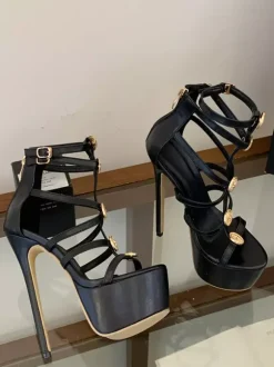 Black Sexy Sandals Platform Open Toe Metal Detail Strappy High Heel Sandal Shoes