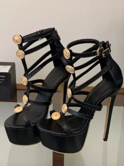Black Sexy Sandals Platform Open Toe Metal Detail Strappy High Heel Sandal Shoes