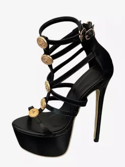 Black Sexy Sandals Platform Open Toe Metal Detail Strappy High Heel Sandal Shoes