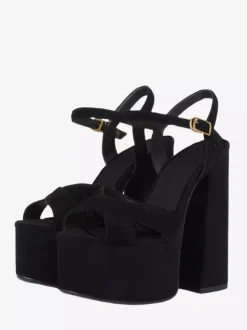 Black Sexy Sandals Suede Platform Open Toe Buckle Detail Chunky Heel Sandals
