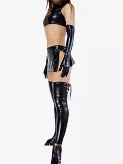Black Sexy Shiny Metallic Costume Four Pieces Suit