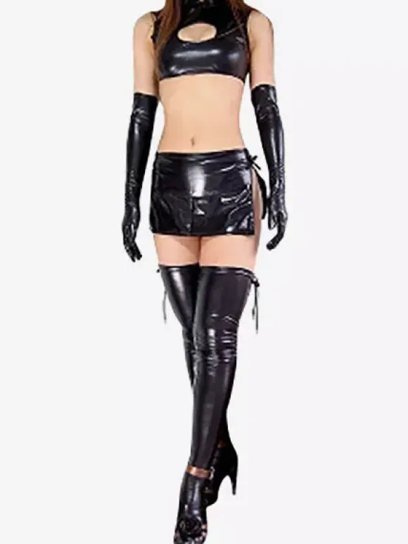 Black Sexy Shiny Metallic Costume Four Pieces Suit