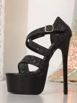 Black Sexy Shoes Glitter Platform Open Toe Strappy High Heel Sandals