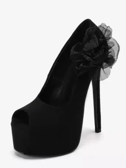 Black Sexy Shoes Women's Platform Peep Toe Floral Detail High Heel Pumps