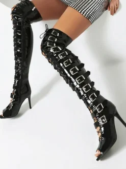 Black Sexy Thigh High Boots Peep Toe Buckle Designed Lace Up High Heel Over The Knee Boots