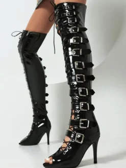 Black Sexy Thigh High Boots Peep Toe Buckle Designed Lace Up High Heel Over The Knee Boots