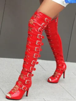 Black Sexy Thigh High Boots Peep Toe Buckle Designed Lace Up High Heel Over The Knee Boots