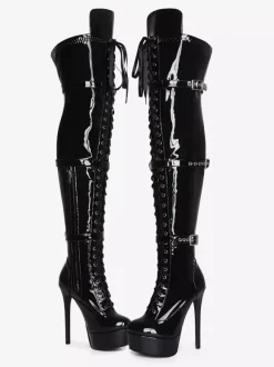 Black Sexy Thigh High Boots Unisex Platform Buckle Detail Lace Up Over The Knee Boots