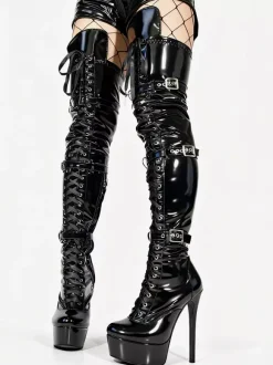 Black Sexy Thigh High Boots Unisex Platform Buckle Detail Lace Up Over The Knee Boots