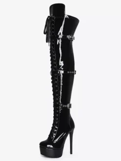 Black Sexy Thigh High Boots Unisex Platform Buckle Detail Lace Up Over The Knee Boots