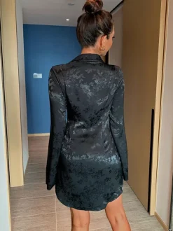 Black Shirt Dress Floral Jacquard Belted Business Casual Mini Dresses