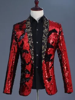 Black Silver Men's Retro Long Sleeves Stage Performance Business Casual Suit Top Burgundy