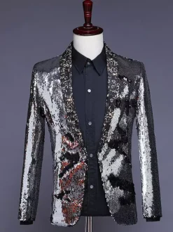 Black Silver Men's Retro Long Sleeves Stage Performance Business Casual Suit Top Burgundy
