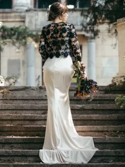 Black Simple Wedding Dresses 2026 Mermaid Long Sleeves Lace With Train Bridal Gown Free Customization