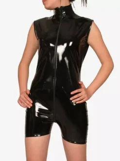 Black Sleeveless Shiny Metallic Fabric Shorts Style Front zip Catsuit For Women