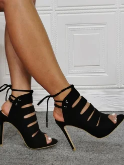 Black Suede Cut Out Stiletto Heel Summer Boots for Women