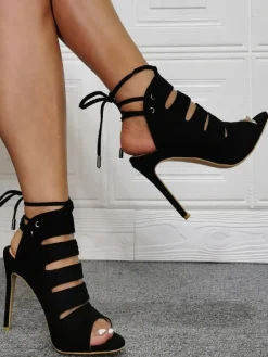 Black Suede Cut Out Stiletto Heel Summer Boots for Women