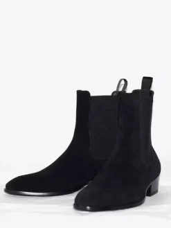 Black Suede Leather Ankle Boots Round Toe Block Heel Chelsea Boots