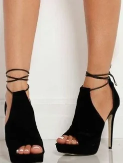 Black Suede Peep Toe Platform Lace Up Stiletto Heel Summer Boots